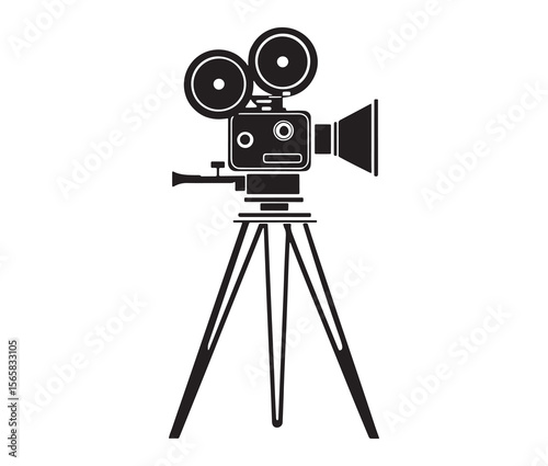 Silhouette of an old movie camera on a tripod. Vintage movie camera on tripod silhouette.
