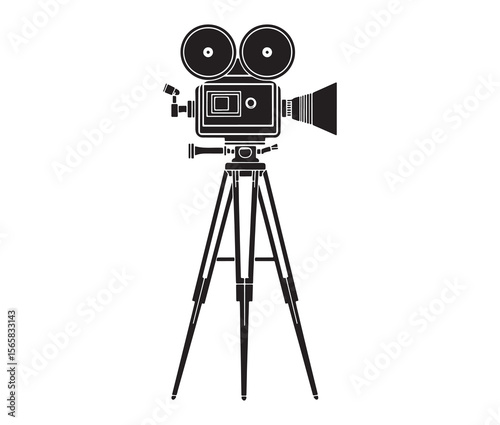 Silhouette of an old movie camera on a tripod. Vintage movie camera on tripod silhouette.