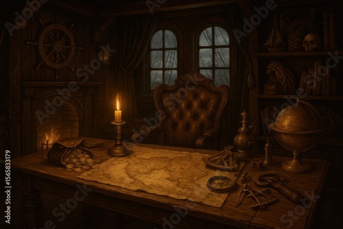 Authentic Pirate Ship Captain's Quarters with Treasure Maps and Navigation Equipment