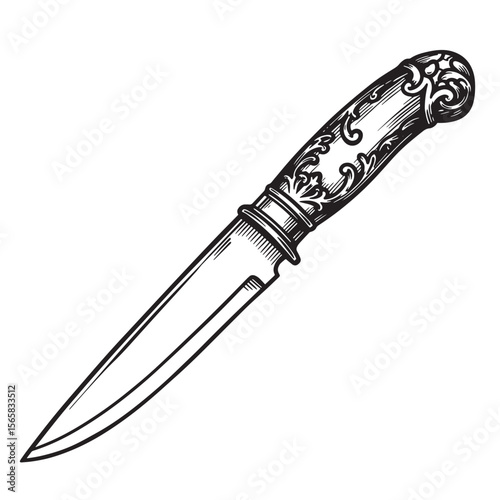 Elegant vintage knife design with detailed ornamentation in classic black and white style