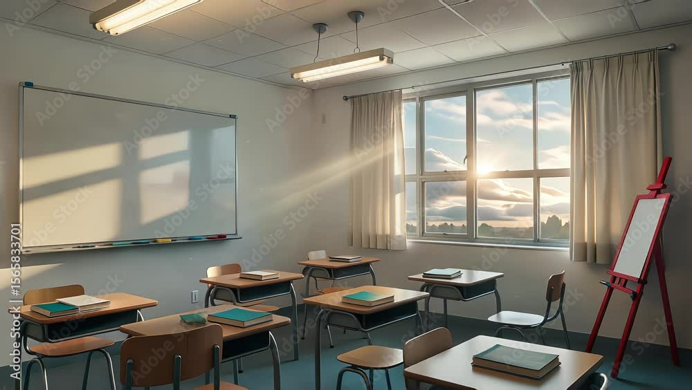 Golden Hour in the Empty Classroom: Sunlight Streams Through Large Windows, Casting Long Shadows Across Desks and Chairs in a Quiet Schoolroom at Dusk.