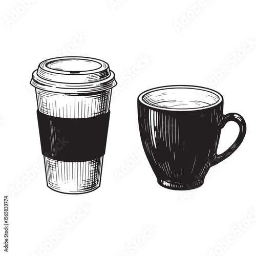 Hand drawn coffee cup and to go coffee cup ornament set isolated on white