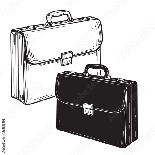 Hand drawn illustration of briefcase ornament set representing business professional concepts.