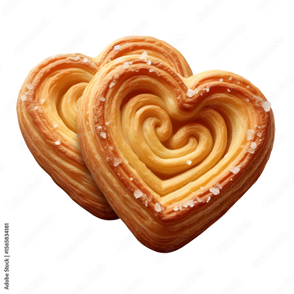Fototapeta premium Two Delicious Heart Shaped Puff Pastry Cookies Sprinkled With Sugar Crystals Isolated on Transparent Background