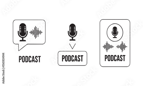 Podcast icon set with microphone and waveform on white background