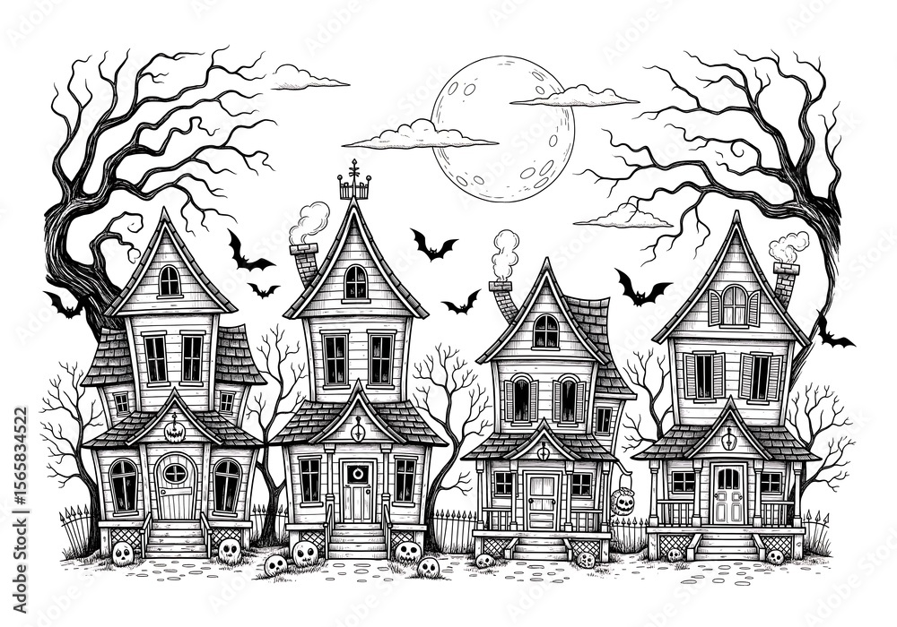 Obraz premium Spooky black & white Halloween illustration featuring four haunted houses, bats, trees, skulls, a fence, and a full moon.