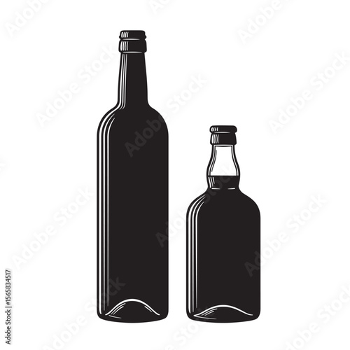Monochrome set of whiskey and wine bottles vector ornament