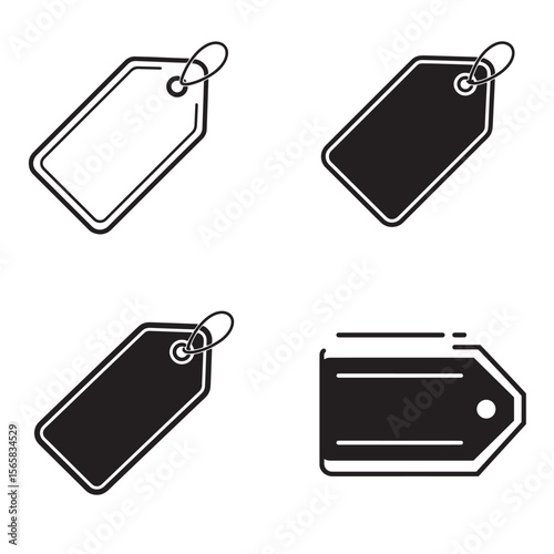 Minimalist ornament set of price tags and labels in black and white on isolated background