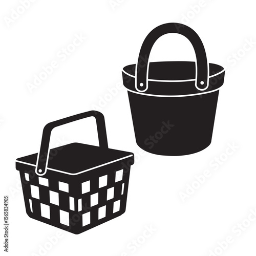 Set of two simple black and white picnic baskets vector illustration as a design element or ornament