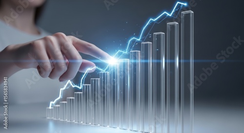 A person interacts with a glowing chart showing business growth trend