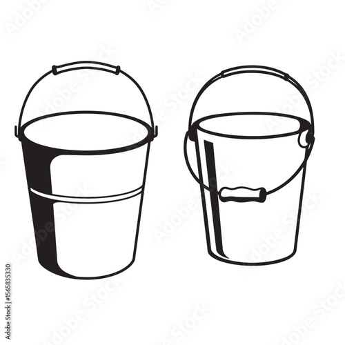 Two black and white bucket illustrations for cleaning construction gardening or home decor uses