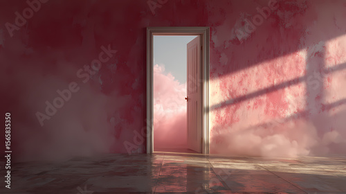 conceptual book cover on inner life | ice-flushed pink | interior perspective | window facing slow time | air disturbance near closed door | emulsion-shadow layering | unexpected reassurance