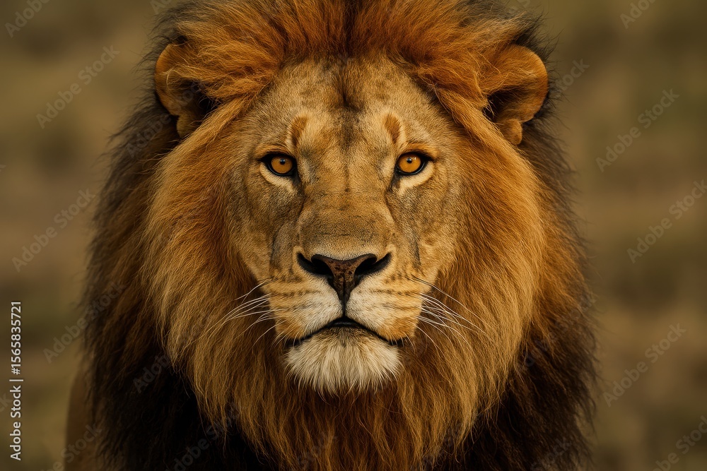 Fototapeta premium Majestic African Lion Portrait with Intense Golden Eyes and Powerful Natural Beauty