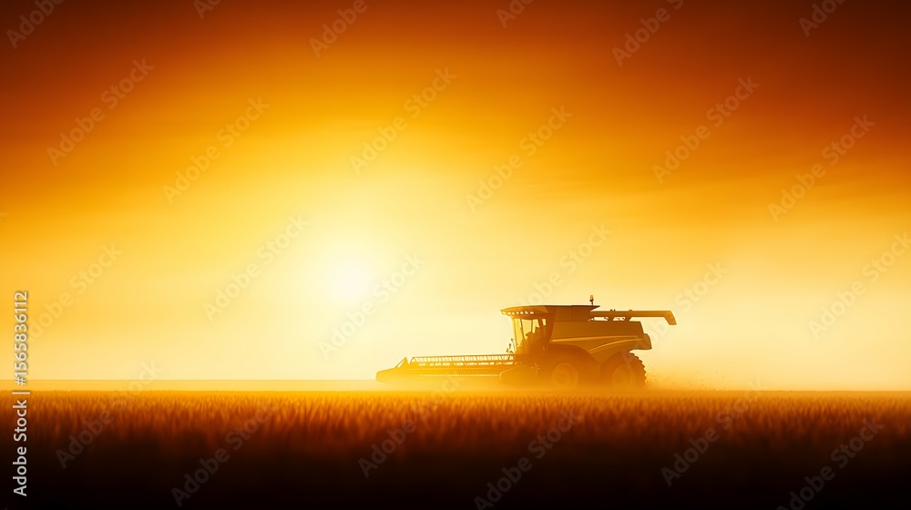 Obraz premium Combine harvester in field at sunset or sunrise with golden light.
