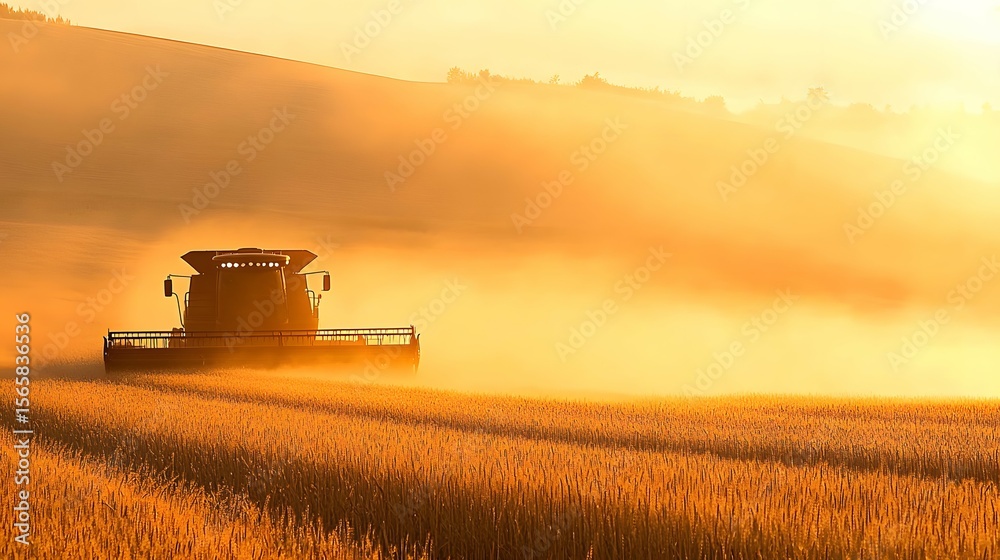 Fototapeta premium Combine harvester working in a field at sunrise with golden light and mist.