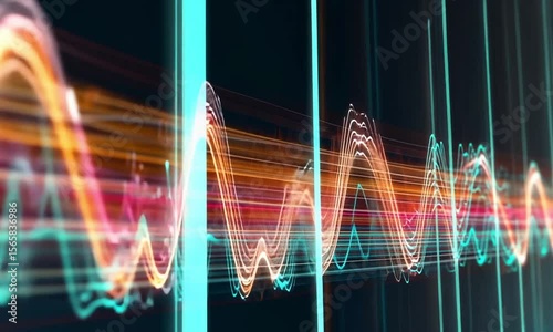 Wavy light trails representing data transmission and digital flow in abstract form.
