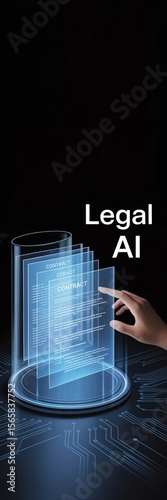 Futuristic interface with hand interacting with digital hologram, symbolizing legal AI advancements.