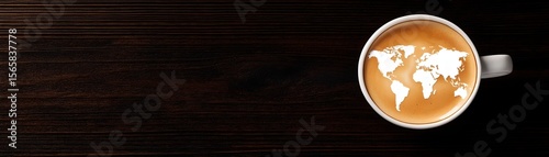 A steaming hot cup of coffee with an outline of the world map design floating on the surface resting on a dark wooden table symbolizing global connectivity and international business opportunities