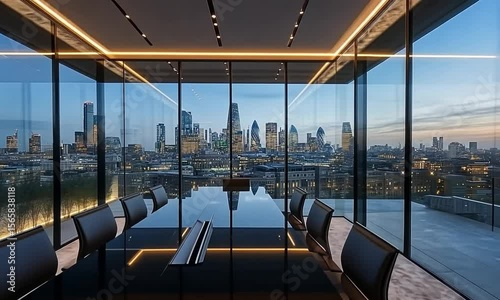 Modern meeting room with skyline view through large glass windows at sunset.