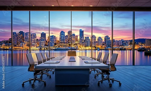 Boardroom with panoramic city view during dusk, illuminated by natural light.