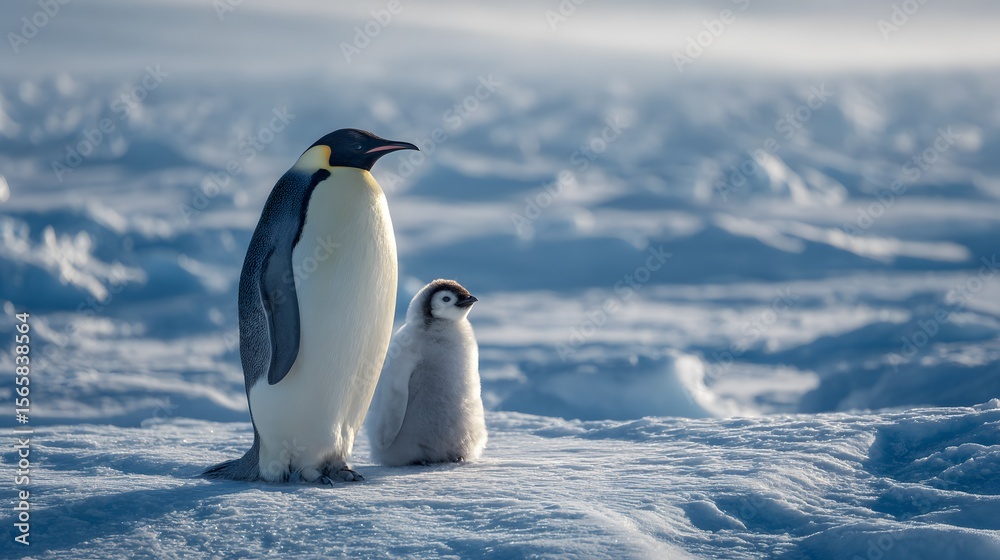 Obraz premium Adult emperor penguin with a chick standing on the antarctic ice landscape scene