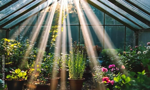 Sunlight filtering through greenhouse plants in a lush garden ecosystem.