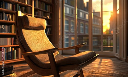 Cozy reading corner with a reclining wooden chair and bookshelf in warm lighting.