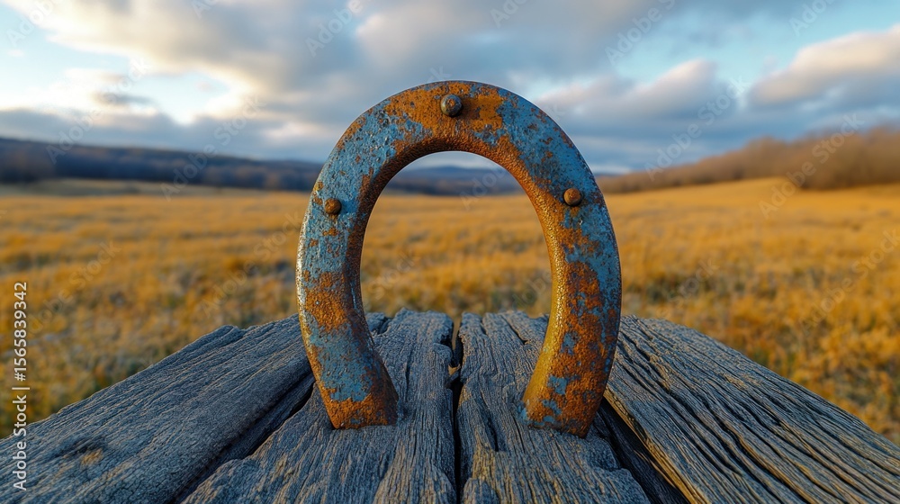 Fototapeta premium Rusty horseshoe on weathered wood, golden field