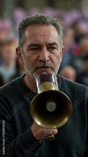 Middle Aged Man Speaks Into Megaphone At Political Protest