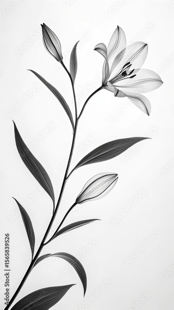 Naklejka premium Elegant black and white lily flower with buds and leaves against a clean white background
