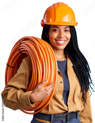 A smiling construction worker with a coiled cable in hand photo