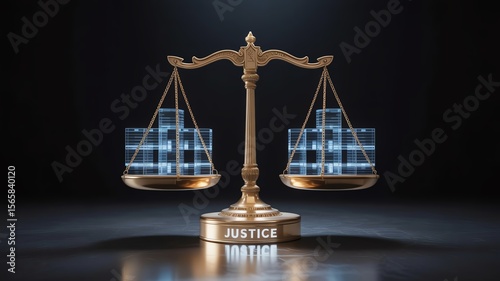 Golden justice scale with digital blocks, symbolizing balance and technology in a dark setting.