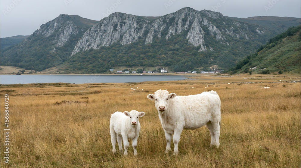 Obraz premium Two white cows in a field with water and mountains in the background.