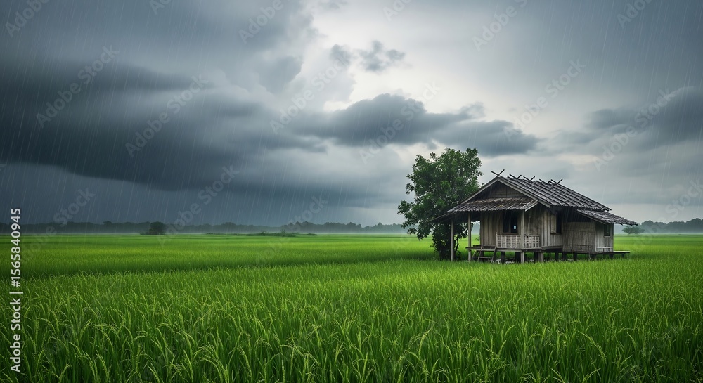 Obraz premium Rural scene: a weathered wooden house stands in a vibrant green rice field under a stormy, cloudy sky. Rain is visible in the distance.
