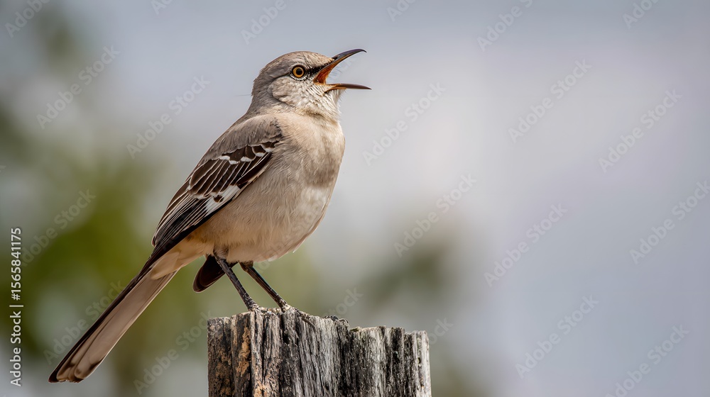 Fototapeta premium A northern mockingbird perched on a wooden post with its beak open singing loudly