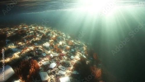 Underwater ocean reef scene illuminated by soft sunrays from the surface.