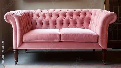 Elegant living room features a pink velvet chesterfield sofa