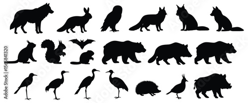 Silhouette Collection of Wildlife Animals Wolf, Rabbit, Owl