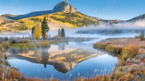 Serene mountain reflections in the tranquil waters during golden autumn season