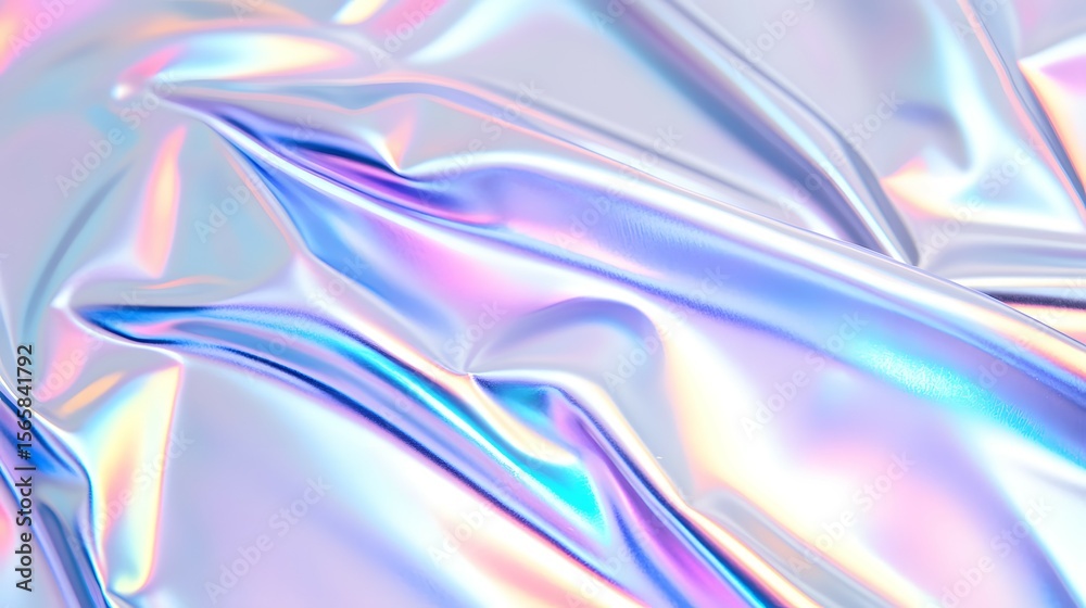 Fototapeta premium Iridescent fabric with folds and shimmering colors creates a futuristic abstract background.