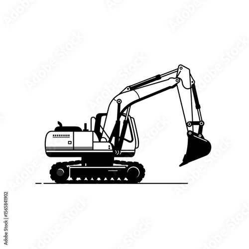A black and white illustration of an excavator with its boom and bucket extended.