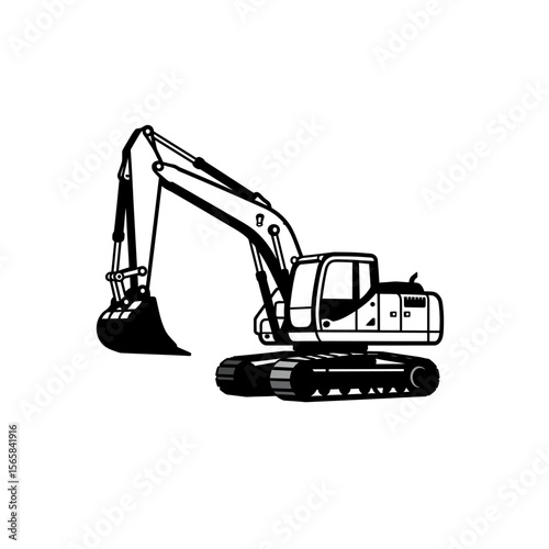 Black and white illustration of an excavator with its bucket raised, showing tracks and cab details.