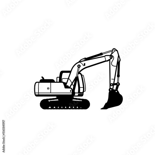 Black and white illustration of a detailed excavator, ready for construction work.