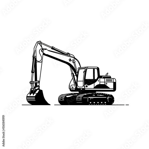 A black and white illustration of a powerful excavator, ready for work.