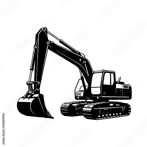 A black and white illustration of a construction excavator, ready to operate.