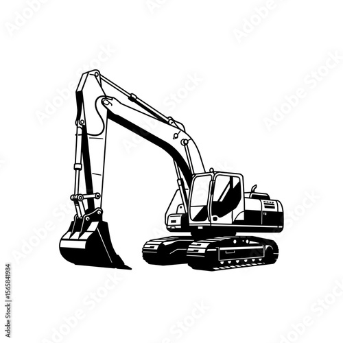 Black and white illustration of a large excavator with a raised bucket, shown in a side view.