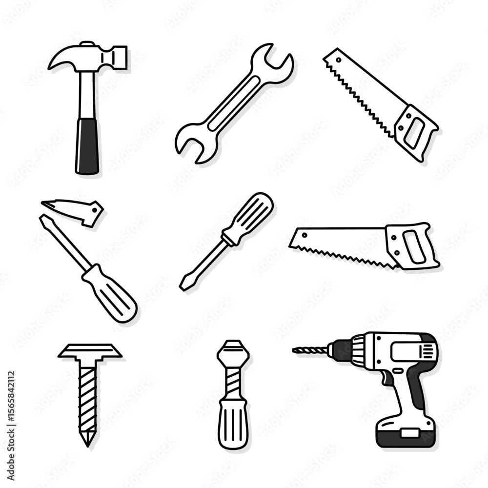 Illustration featuring an assortment of hand tools, including a hammer, wrench, saws, screwdrivers, drill, and screw. Illustration featuring an assortment of hand tools, including a hammer, wrench, saws, screwdrivers, drill, and screw.