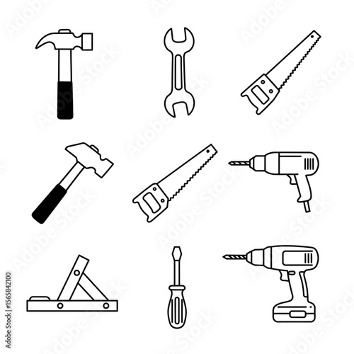 Illustration of various construction and repair tools including hammers, saws, wrenches, drills, and a screwdriver.