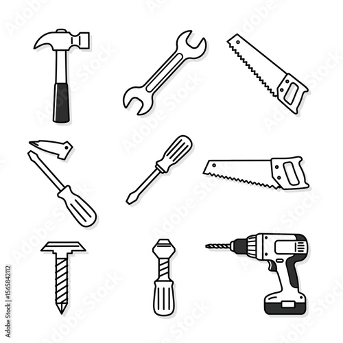Illustration featuring an assortment of hand tools, including a hammer, wrench, saws, screwdrivers, drill, and screw.
