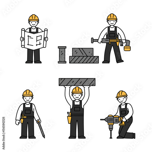 Set of construction worker icons in various poses, including holding blueprints, tools, and materials.